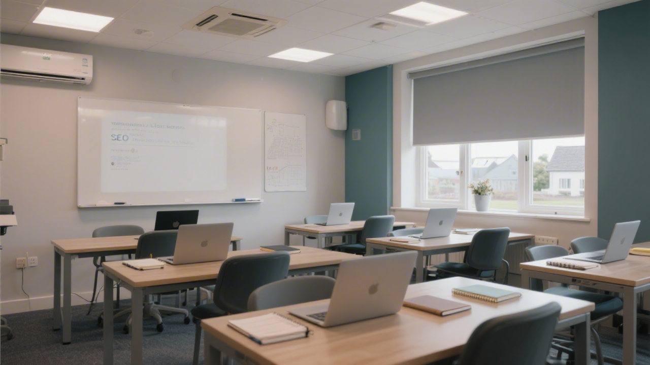 Modern education workspace in Galway with desks, laptops, notebooks, and soft lighting, creating a calm and professional environment for SEO training sessions.