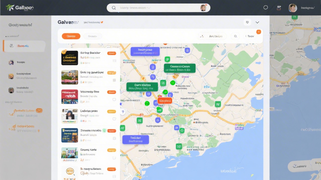 Map-focused screenshot showing Galway business listings, location panels, and local keyword clusters used for optimising visibility in Irish local search results.