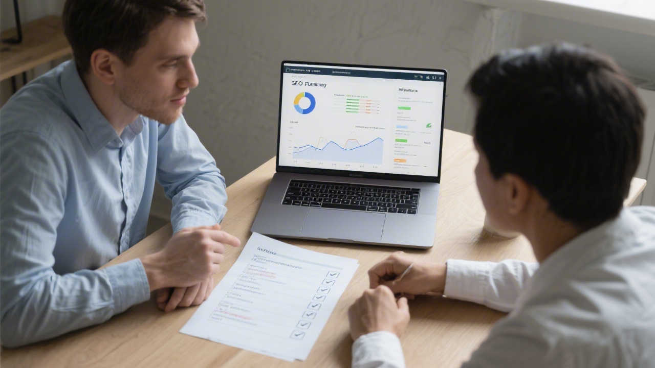 Two professionals discussing an SEO planning sheet at a desk, with a laptop showing analytics and a printed checklist for implementation steps.