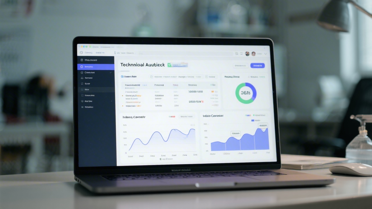 Laptop screen displaying a technical audit checklist with crawl data, page speed charts, and index coverage details used in a practical SEO lab setting.